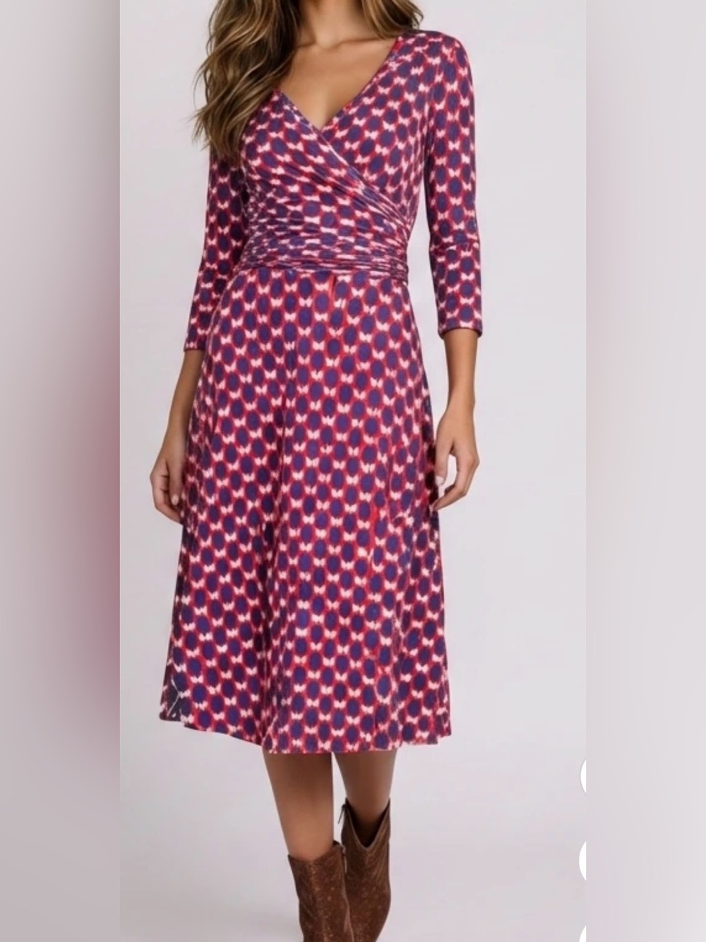 Boden Olive Patterned Midi Dress in Reddish-Pink and Navy 12